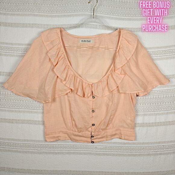 We The Free Linen Peach Crop Top Ruffle Collar Flutter Sleeve Size L Used - Picture 1 of 8